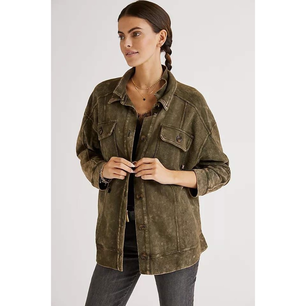Pilcro Anthropologie Olive Green Acid‎ Wash  Ribbed Shirt Jacket  Women M